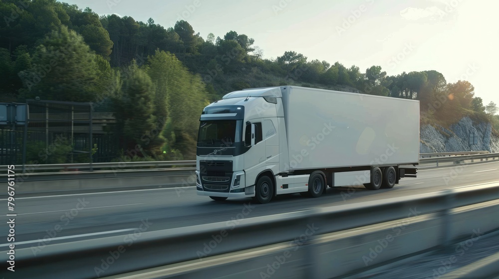 modern large white trailer driving down an empty road. Logistics company. Freight transportation. Fast delivery. Mock up modern large white trailer driving down an empty road. Logistics company. Freight transportation. Fast delivery. Mock up
