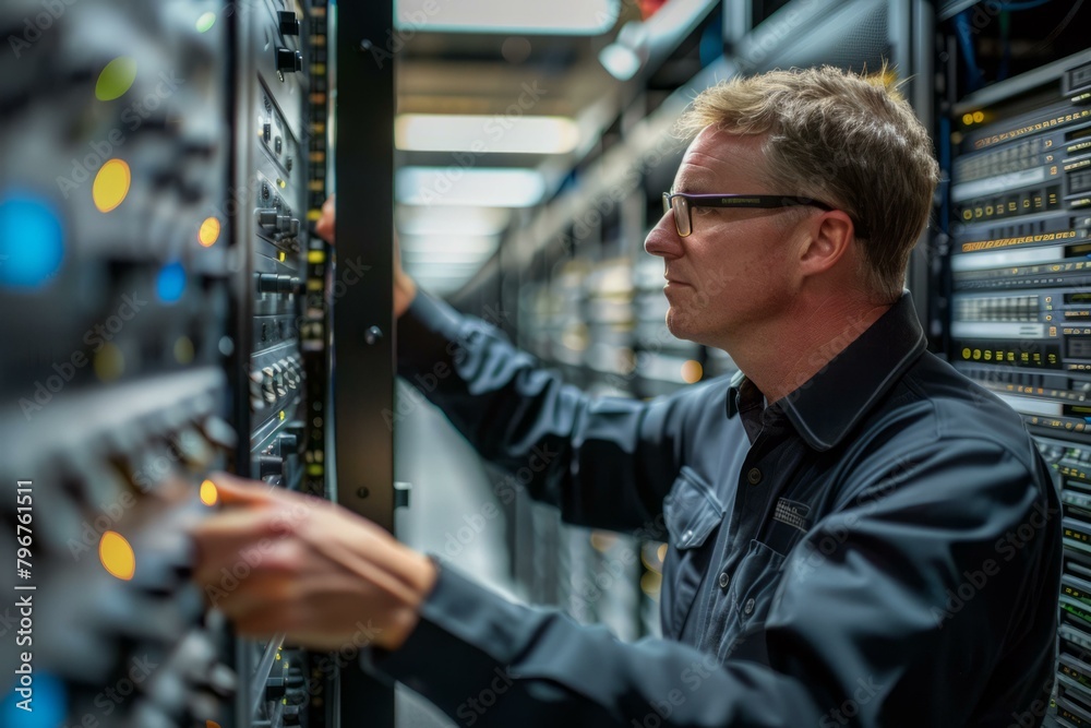 b'A technician in a server room' b'A technician in a server room'