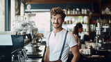 Barista leaning against counter smiling at camera
