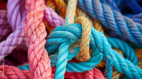 Colorful various ropes are woven into a knot.