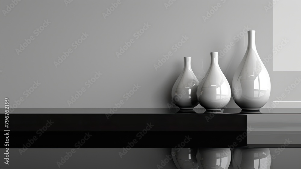 Glossy white ceramic vases on a black reflective shelf - obrazy, fototapety, plakaty 