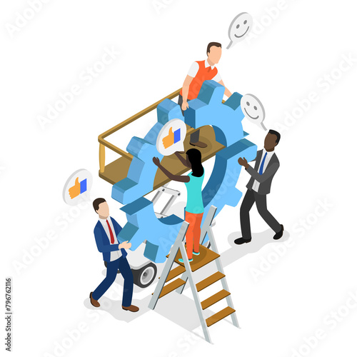 3D Isometric Flat Illustration of Business Integration, Development Process or Project Implementation