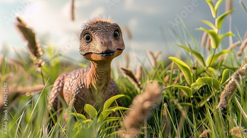 A lone baby amargasaurus wandering curiously among tall grasses photo