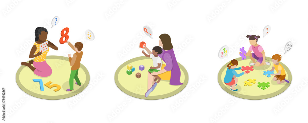 3D Isometric Flat Illustration of Autism Treatment, Delayed Language Skills, Developmental Disorder 3D Isometric Flat Illustration of Autism Treatment, Delayed Language Skills, Developmental Disorder