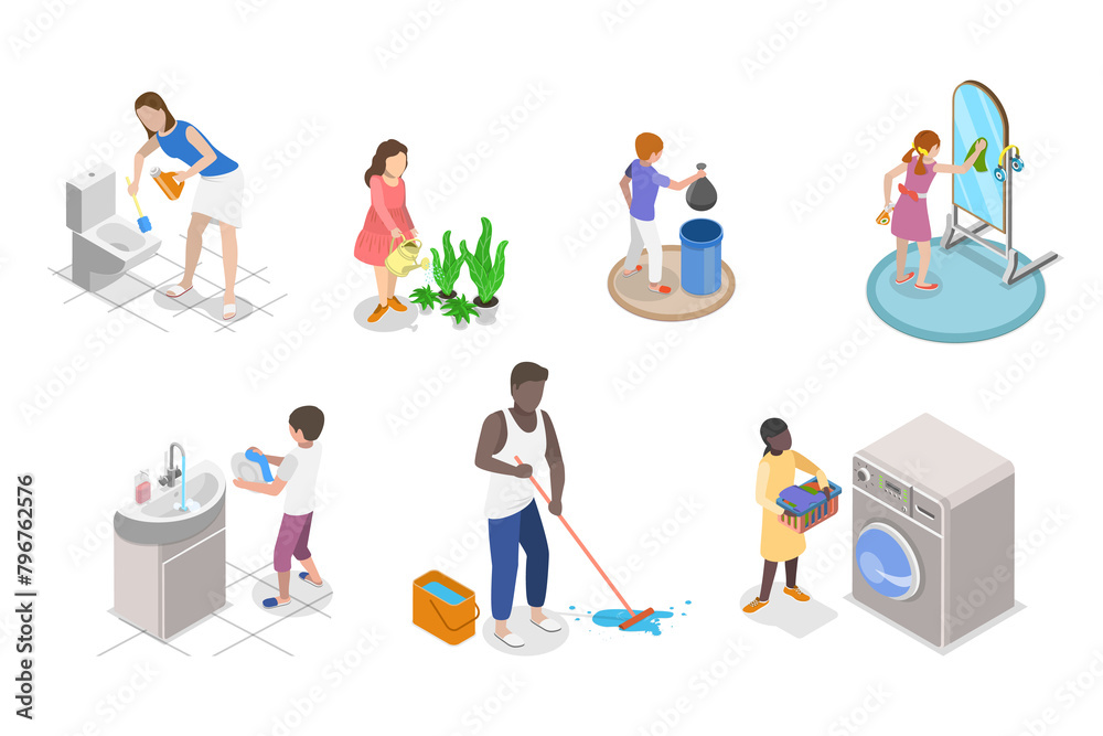 3D Isometric Flat  Set of Family Household Activities, Housekeeping
