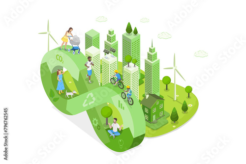3D Isometric Flat  Illustration of Nature Friendly World, Earth Protection and Sustainable Development