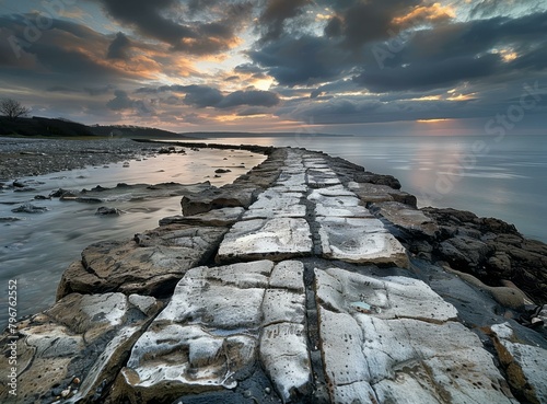 b'Stone jetty running into the sea at sunset' photo