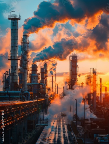 b A large oil refinery with many pipes and smokestacks at sunset 