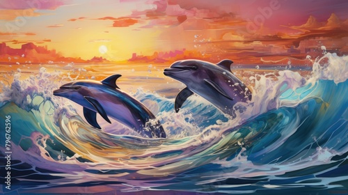 a image Dolphins swimming in the open ocean, AI Generative © arttools