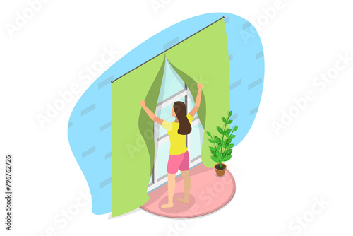 3D Isometric Flat  Illustration of Morning View, Woman Opening her Room Windows