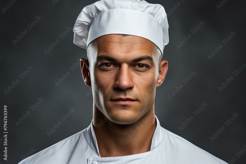 b'Portrait of a male chef wearing a white toque' b'Portrait of a male chef wearing a white toque'
