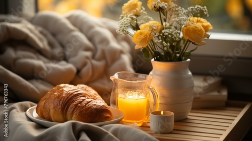 b'Cozy morning still life with croissants, coffee, and flowers'