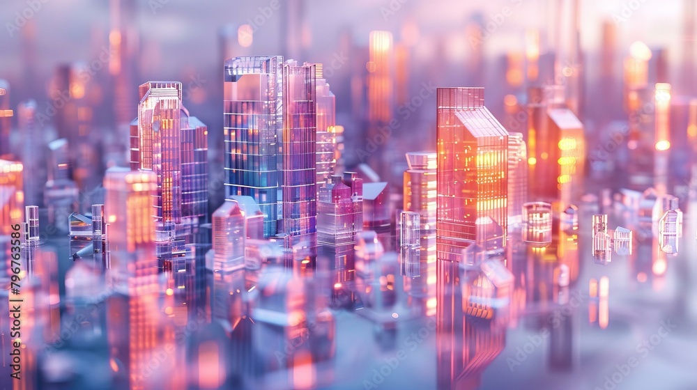 b'Futuristic city made of glass with a pink sky'