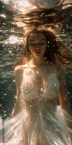 Young Woman in White Dress Posing Underwater