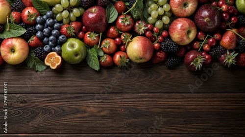 Top view of fresh fruits, vegetables and berries on wood floor background