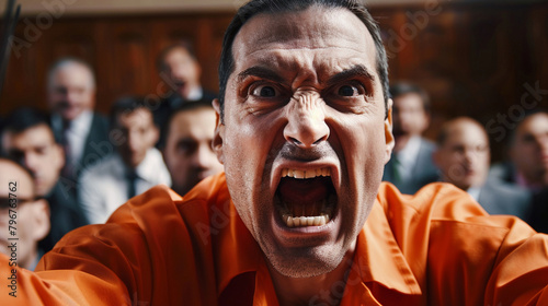 Courtroom drama captured as accused in orange jumpsuit passionately protests innocence  focus on his expressive face  legal professionals around photo