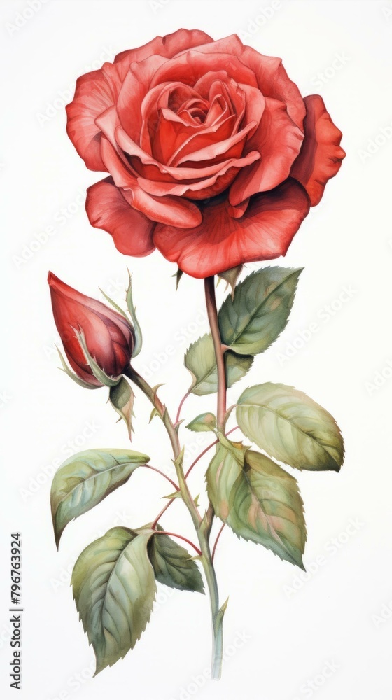 Fototapeta premium b'single red rose flower with stem and leaves'