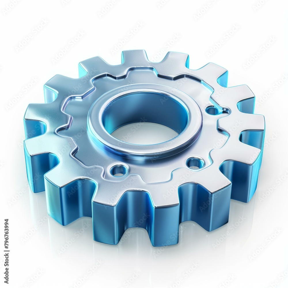 b'Blue metal gear on white background' b'Blue metal gear on white background'