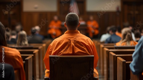 Solemn accused in orange jumpsuit pleads not guilty  emotional plea in a crowded courtroom  a critical moment in legal proceedings photo