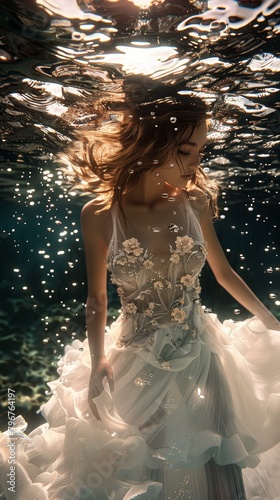 Woman in White Dress Poses Underwater