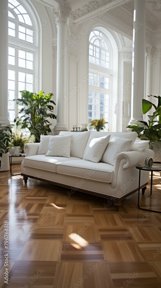 b'Elegant living room interior with white sofa and green plants' b'Elegant living room interior with white sofa and green plants'