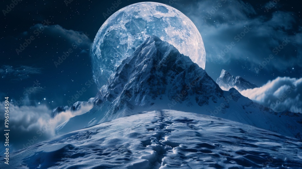 A majestic mountain peak with a trail of footprints leading up to its summit. In the background a massive full moon hangs low in the . . A majestic mountain peak with a trail of footprints leading up to its summit. In the background a massive full moon hangs low in the . .