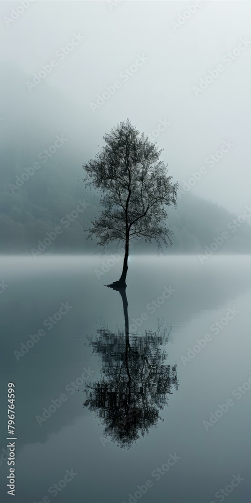 b'A Tree in the Middle of a Misty Lake'