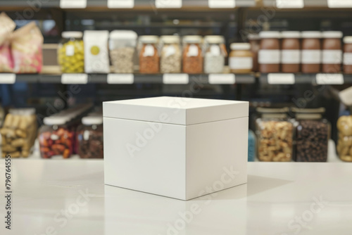 Square white box mockup on store shelf with food jars photo