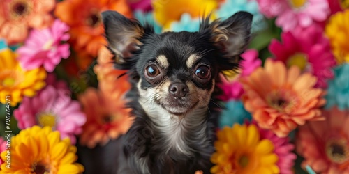b'A cute chihuahua dog posing in a field of flowers'