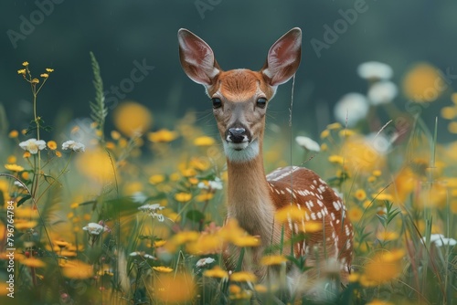 b'An adorable baby deer standing in a field of yellow wildflowers'