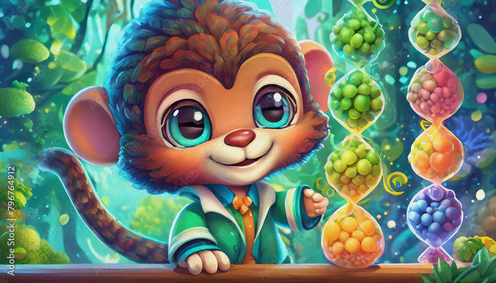 oil painting style CARTOON CHARACTER CUTE BABY a monkey Molecular biologist analyzing DNA structure in a lab
