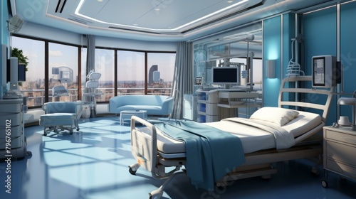 b'Patient room interior with cityscape view'
