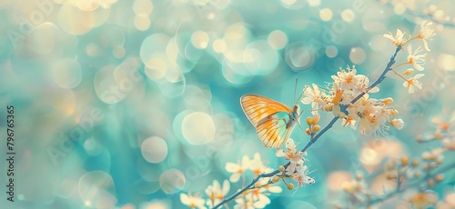Beautiful spring nature background with a butterfly on a flower branch © Yashfa Sikandar Rana