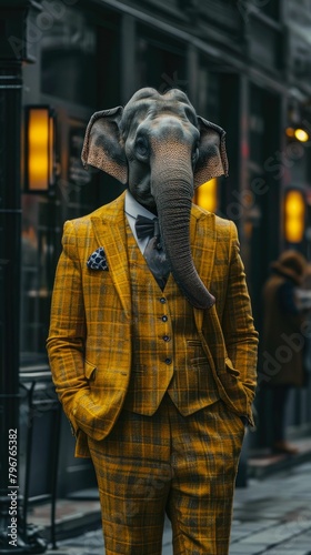 Elegant elephant gracefully walks through urban streets, adorned in tailored sophistication, epitomizing street style. © Tatiana