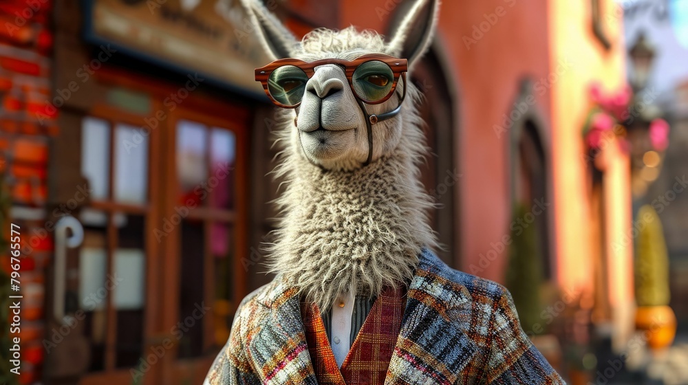 Dapper llama parades through city streets in tailored elegance, embodying street style.