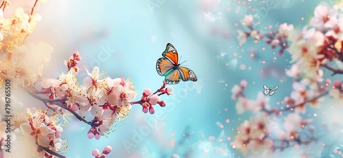 Beautiful spring nature background with a butterfly on a blooming tree branch and flowers © Yashfa Sikandar Rana