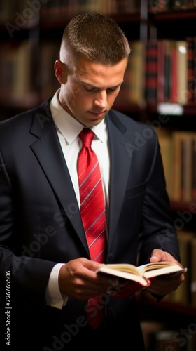 b'Young male professional reading a book in a library'