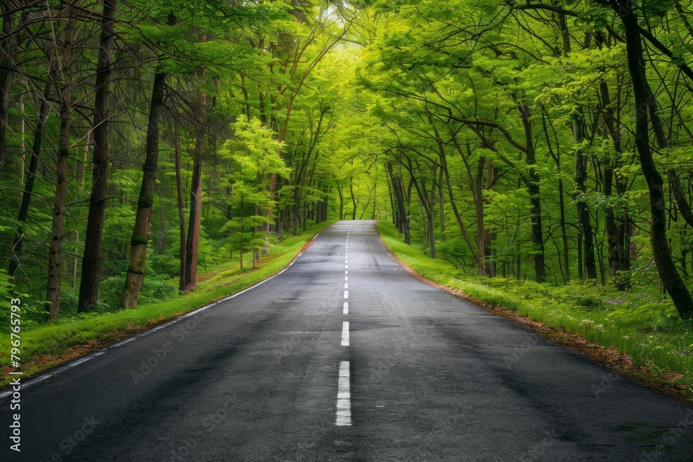 Beautiful empty asphalt road in a green forest. AI generative