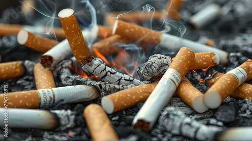 Close-up of burning cigarettes amidst ash conveying the dangers of smoking and the urge to quit photo
