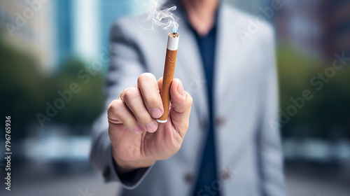A man in a suit is holding a cigarette in his hand. The cigarette is lit and smoke is rising from it. The man is looking at the camera. #796765936