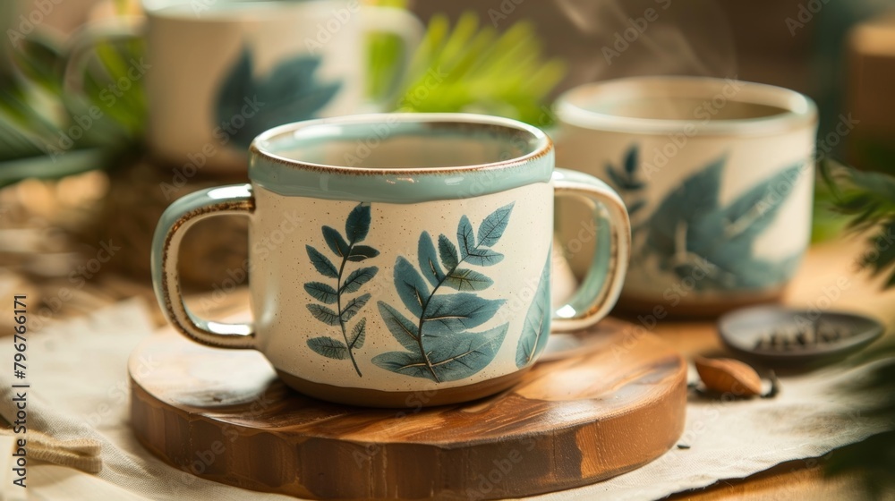 Fototapeta premium A set of ceramic mugs with a handpainted leaf impression motif perfect for sipping tea on a chilly day..