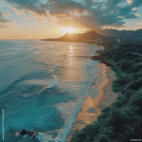 b'Hawaii Beach Sunset Overlooking Diamond Head'