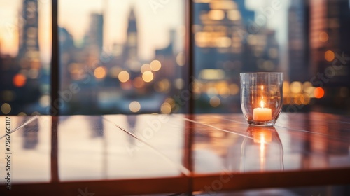 b'A candle burning in front of a window with a view of a city skyline at night'
