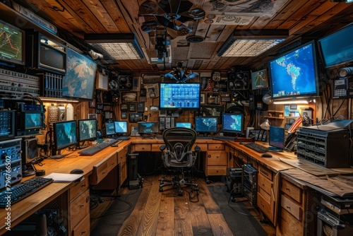 b'An impressive computer setup in a wooden cabin' photo