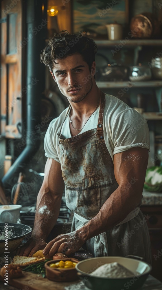 b'Portrait of a handsome young male chef in a white apron' b'Portrait of a handsome young male chef in a white apron'