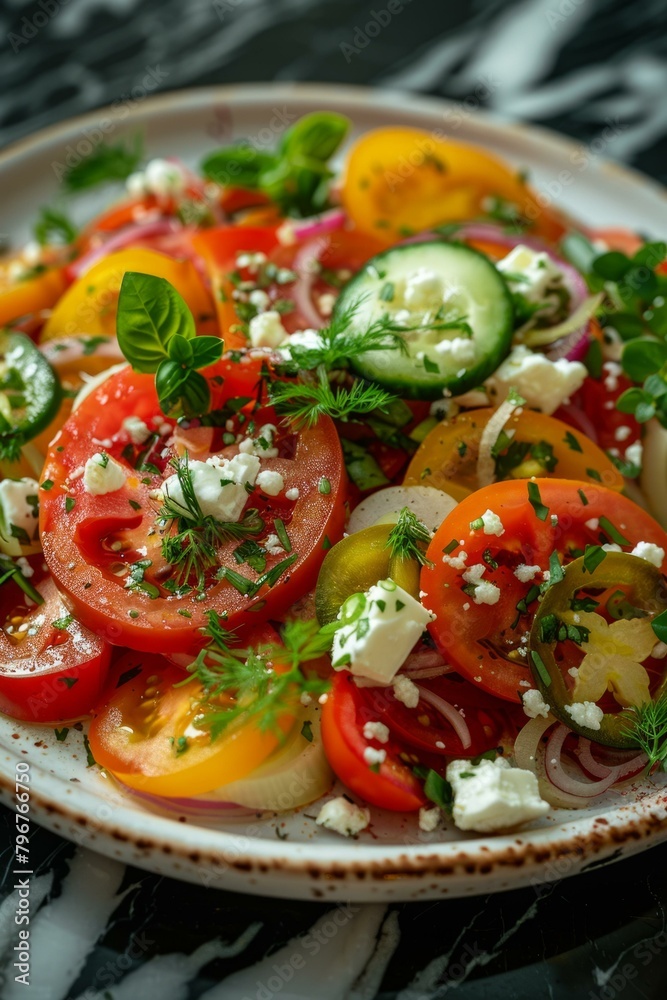 b'Fresh heirloom tomato salad with cucumber, red onion, basil, feta, and dill' b'Fresh heirloom tomato salad with cucumber, red onion, basil, feta, and dill'