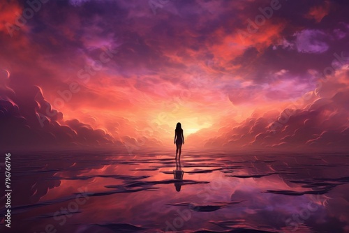 b'Lonely Girl Standing in a Field of Purple Flowers at Sunset' photo