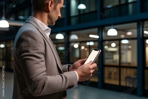 b'Businessman in suit jacket using smartphone in modern office building'
