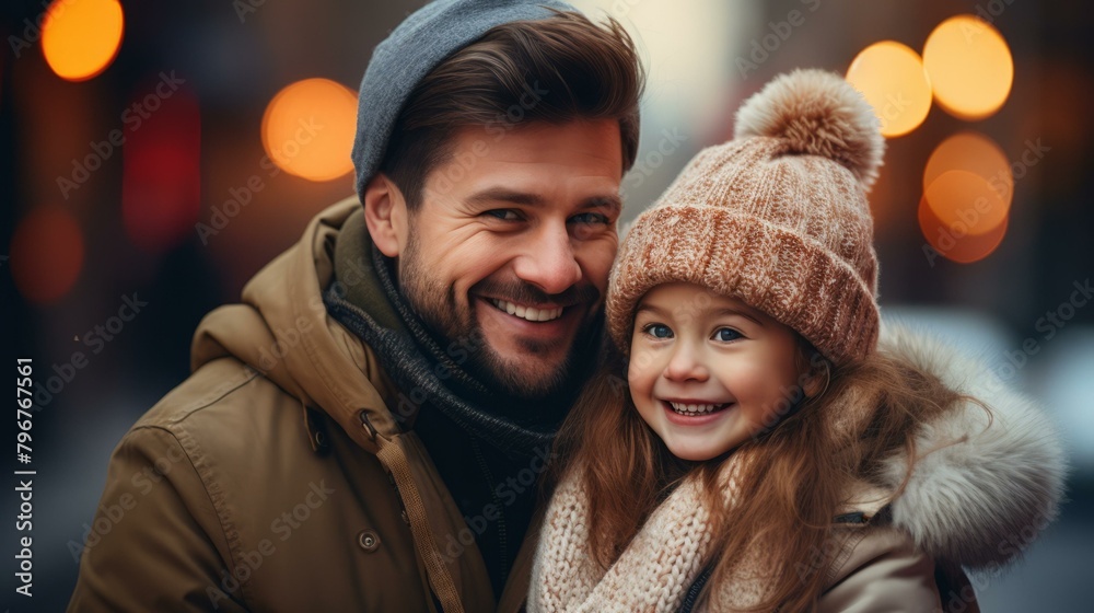 b'Father and daughter in winter clothes' b'Father and daughter in winter clothes'