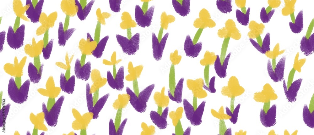 Seamless abstract botanical pattern. Yellow flowers on white background. Green, purple plants. Digital brush strokes. Design for textile fabrics, wrapping paper, background, wallpaper, cover. Seamless abstract botanical pattern. Yellow flowers on white background. Green, purple plants. Digital brush strokes. Design for textile fabrics, wrapping paper, background, wallpaper, cover.